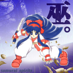 Rule 34 | 1girl, ainu clothes, artist name, blue eyes, blue hair, breasts, clenched hand, fighting stance, fingerless gloves, gloves, hair ribbon, highres, legs, long hair, looking at viewer, nakoruru, pants, ribbon, samurai spirits, serious, small breasts, snk, solo, squatting, sword, the king of fighters, thighs, weapon