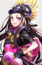 Rule 34 | 1girl, black gloves, brown hair, chacha (fate), closed mouth, cowboy shot, fate/grand order, fate (series), floating hair, gloves, grey background, grey eyes, hand on own hip, hat, highres, long hair, looking at viewer, obi, peaked cap, sash, short sleeves, simple background, smile, solo, standing, tenobe