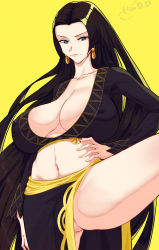 Rule 34 | 1girl, 47 hard, artist name, black hair, blue eyes, boa hancock, breasts, cleft of venus, collarbone, crotch, earrings, highres, jewelry, large breasts, long hair, nail, nail polish, navel, no panties, one piece, pussy, simple background, yellow background