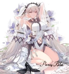 Rule 34 | 1girl, armpits, arms up, azur lane, bare legs, black choker, black sailor collar, breasts, choker, clothing cutout, dress, english text, flower, formidable (timeless classics) (azur lane), frilled dress, frills, fukuda935, hairband, hands in hair, highres, large breasts, lolita hairband, long hair, looking at viewer, navel, navel cutout, official alternate costume, pansy, parted lips, purple flower, red eyes, reflection, reflective floor, sailor collar, silver hair, sitting, solo, twintails, very long hair, waist cape, wariza, white dress