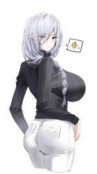 Rule 34 | 1girl, alternate costume, arknights, ass, black sweater, braid, breasts, closed mouth, commentary request, cowboy shot, from behind, gladiia (arknights), grey hair, hand up, highres, horn/wood, huge breasts, long hair, long sleeves, looking at viewer, looking back, pants, parted bangs, pointy ears, red eyes, ribbed sweater, simple background, single braid, slit pupils, solo, spoken object, sweater, turtleneck, turtleneck sweater, white background, white pants