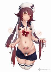 Rule 34 | 1girl, blue skirt, blush, bow, bowtie, breasts, brown hair, chinese commentary, clothes pull, collarbone, commentary request, cropped legs, english text, fingernails, genshin impact, ghost, gluteal fold, hat, heart pasties, highres, holding, holding own hair, hu tao (genshin impact), l ract, long hair, looking at viewer, medium breasts, navel, panties, pasties, pleated skirt, pubic tattoo, red bow, red bowtie, red eyes, sailor collar, sailor hat, short sleeves, shrug (clothing), skirt, skirt pull, solo, star-shaped pupils, star (symbol), stomach, striped clothes, striped panties, symbol-shaped pupils, tattoo, thighhighs, topless, twintails, underwear, very long hair, white hat, white sailor collar, white thighhighs, wristband
