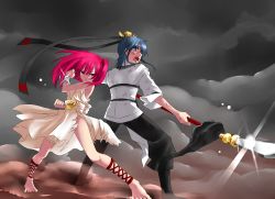 Rule 34 | 1boy, 1girl, ankle lace-up, barefoot, blue hair, bracelet, chinese clothes, cross-laced footwear, dress, fighting stance, guan dao, hair ornament, hanfu, highres, jewelry, kaikai, magi the labyrinth of magic, morgiana, polearm, red eyes, red hair, ren hakuryuu, scar, scratches, spear, torn clothes, weapon