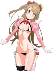 Rule 34 | 10s, 1girl, bikini, black bikini, blush, bow, breasts, brown hair, cleavage, crop top, gloves, hair bow, juliet sleeves, loliconder, long hair, long sleeves, looking at viewer, love live!, love live! school idol project, medium breasts, micro bikini, minami kotori, open mouth, puffy sleeves, side-tie bikini bottom, side ponytail, solo, swimsuit, thighhighs, white gloves, yellow eyes