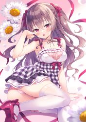 Rule 34 | 1girl, :d, arm support, bare arms, bare shoulders, blush, bow, breasts, brown hair, collarbone, commentary request, dress, flower, hair between eyes, hair bow, hand up, high heels, highres, long hair, looking at viewer, medium breasts, nanohana kohina, open mouth, original, panties, pink panties, plaid, plaid dress, red bow, red eyes, red footwear, shoe soles, smile, solo, thighhighs, two side up, underwear, very long hair, white flower, white thighhighs