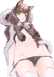 Rule 34 | 1girl, :o, animal ear fluff, arknights, black panties, blush, brown hair, brown jacket, from below, fur-trimmed jacket, fur trim, highres, honeyberry (arknights), hood, hooded jacket, jacket, kochiya (gothope), long hair, looking at viewer, looking down, multicolored hair, navel, open clothes, open jacket, panties, panty pull, parted lips, pulled by self, simple background, skindentation, solo, stomach, streaked hair, thighhighs, two-tone hair, underwear, undressing, unzipped, white background, white hair, white thighhighs, yellow eyes