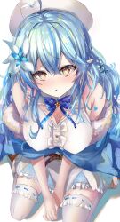 Rule 34 | 1girl, absurdres, ahoge, bare shoulders, beret, blue bow, blue bowtie, blue coat, blue hair, blush, bow, bowtie, breasts, center frills, cleavage cutout, clothing cutout, coat, colored tips, commentary request, flower, frilled skirt, frilled thighhighs, frills, full body, fur-trimmed coat, fur trim, hai 0013, hair between eyes, hair flower, hair ornament, half updo, hat, heart, heart ahoge, highres, hololive, large breasts, long hair, looking at viewer, multicolored hair, off shoulder, parted lips, pointy ears, seiza, shirt, simple background, sitting, skirt, sleeveless, sleeveless shirt, snowflake hair ornament, solo, streaked hair, thighhighs, virtual youtuber, white background, white flower, white hat, white shirt, white thighhighs, yellow eyes, yukihana lamy