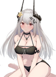 Rule 34 | 1girl, absurdres, arknights, bare shoulders, black choker, breasts, choker, cleavage, commentary, flower, hair flower, hair ornament, highres, horns, jewelry, kunizaki, large breasts, long hair, looking at viewer, material growth, mudrock (arknights), mudrock (silent night) (arknights), navel, necklace, oripathy lesion (arknights), red eyes, silver hair, simple background, sitting, solo, stomach, very long hair, wariza, white background