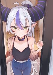 Rule 34 | 1girl, absurdres, ahoge, airenif, alternate costume, bare shoulders, belt, black choker, black horns, black shirt, blue pants, breasts, choker, collar, commentary, denim, doorway, earrings, english commentary, grey hair, highres, hololive, horns, jeans, jewelry, la+ darknesss, long hair, looking at viewer, multicolored hair, pants, pointy ears, ponytail, pov doorway, purple hair, shirt, small breasts, solo, streaked hair, striped horns, thigh gap, virtual youtuber