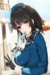 Rule 34 | 1girl, ascot, beret, black gloves, black hair, bottle, breasts, gloves, hat, hayakawa akari, kantai collection, large breasts, lips, looking at viewer, military, military uniform, outdoors, parted lips, ramune, red eyes, short hair, solo, takao (kancolle), uniform, upper body, white ascot