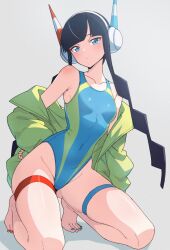 Rule 34 | 1girl, barefoot, black hair, blue eyes, blue nails, blue one-piece swimsuit, breasts, closed mouth, collarbone, creatures (company), elesa (pokemon), full body, game freak, groin, hand on own hip, headphones, highleg, highleg swimsuit, highres, jacket, kamidan, nail polish, nintendo, off shoulder, one-piece swimsuit, pokemon, pokemon bw2, red nails, skindentation, small breasts, solo, swimsuit, thigh strap, thighs, tiptoes, toenail polish, toenails, yellow jacket