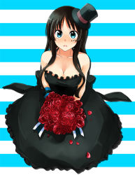 Rule 34 | 00s, 1girl, akiyama mio, black hair, blue eyes, breasts, cleavage, don&#039;t say &quot;lazy&quot;, flower, hat, k-on!, long hair, mini hat, mini top hat, peke (xoxopeke), rose, solo, striped, striped background, top hat