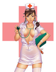 Rule 34 | 1girl, breasts, brown eyes, brown hair, chester ocampo, cleavage, clipboard, collarbone, covered erect nipples, glasses, glasses on head, hand on own hip, hat, large breasts, no bra, nurse, nurse cap, open clothes, open shirt, parted lips, ponytail, see-through, shirt, solo, stethoscope, thighhighs, unbuttoned, uniform, white thighhighs, zettai ryouiki