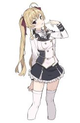 Rule 34 | 1girl, ahoge, arm behind back, black skirt, blonde hair, blush, bow, bowtie, breasts, buttons, closed mouth, collared shirt, cowboy shot, double-breasted, hair ribbon, head tilt, highres, index finger raised, jacket, long hair, looking at viewer, medium breasts, miniskirt, nijisanji, red eyes, ribbon, shirt, simple background, skirt, smile, solo, takamiya rion, takamiya rion (1st costume), teshima nari, thighhighs, tongue, tongue out, twintails, uniform, virtual youtuber, white background, white bow, white bowtie, white jacket, white shirt, white thighhighs, wing collar