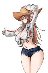 Rule 34 | 1girl, blue eyes, blue shorts, blush, breasts, brown hair, charlotte e. yeager, cleavage, cowboy hat, grin, hat, highres, jacket, large breasts, long hair, looking at viewer, midriff, navel, short shorts, shorts, simple background, sketch, smile, solo, strike witches, thumbs up, white background, world witches series, yohijikon