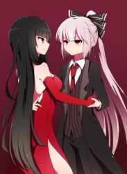 Rule 34 | 2girls, alternate costume, bad id, bad twitter id, bare shoulders, black bow, black hair, bow, breasts, closed mouth, collared shirt, contemporary, cowboy shot, dancing, dress, elbow gloves, face-to-face, formal, fujiwara no mokou, gloves, hair bow, holding hands, houraisan kaguya, jacket, long hair, long sleeves, medium breasts, multiple girls, necktie, open clothes, open jacket, pant suit, pants, pink eyes, ponytail, red background, red dress, red eyes, red gloves, red necktie, shirt, side slit, silver hair, smile, strapless, strapless dress, suit, touhou, very long hair, white shirt, wing collar, you (noanoamoemoe)