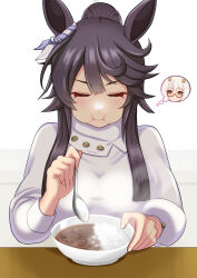 Rule 34 | 2girls, absurdres, animal ears, bandaid, bandaid on face, bandaid on nose, biwa hayahide (umamusume), black hair, bowl, closed eyes, closed mouth, commentary request, curry, curry rice, ear ornament, food, grey hair, grey sweater, hair between eyes, highres, holding, holding bowl, holding spoon, horse ears, horse girl, long hair, long sleeves, manateev, multiple girls, narita brian (umamusume), official alternate costume, ponytail, red-framed eyewear, rice, semi-rimless eyewear, sidelocks, simple background, solo focus, spoon, sweater, table, thought bubble, umamusume, upper body, very long hair, white background, yellow eyes