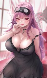 Rule 34 | 1girl, bare shoulders, black choker, black nightgown, blush, breasts, choker, cleavage, collarbone, highres, hololive, hololive english, large breasts, long hair, looking at viewer, messy hair, mori calliope, mori calliope (sleepwear), nightgown, open mouth, pink hair, red eyes, saliva, sleep mask, solo, tinnies, virtual youtuber