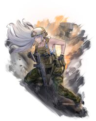 Rule 34 | 1girl, absurdres, ak-15 (girls&#039; frontline), android, assault rifle, boots, bulletproof vest, camouflage, camouflage pants, cross-laced footwear, explosion, girls&#039; frontline, gun, handgun, highres, hongsir, kalashnikov rifle, lace-up boots, load bearing vest, military, multicolored pants, pants, pistol, rail (weapon), rifle, shirt, striped clothes, striped shirt, tactical clothes, telnyashka, trigger discipline, weapon, white hair, white helmet
