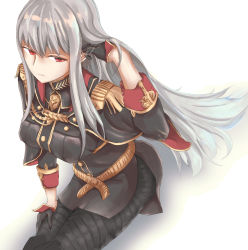 Rule 34 | 1girl, adjusting hair, aiguillette, binaray, black gloves, boots, breasts, closed mouth, commentary request, gloves, highres, large breasts, legs together, long hair, military, military uniform, pantyhose, red eyes, selvaria bles, senjou no valkyria, senjou no valkyria (series), senjou no valkyria 1, silver hair, sitting, thigh boots, thighhighs, uniform, very long hair