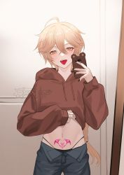 Rule 34 | 1boy, aether (genshin impact), blonde hair, blouse, blush, braid, clothes lift, genshin impact, hair between eyes, hair ornament, highres, hood, hoodie, long sleeves, multiple boys, navel, open clothes, open mouth, open shirt, oxygen (0220), panties, pants, phone, pubic tattoo, shirt, shirt lift, short hair, simple background, smartphone case, smile, stomach, tattoo, tongue, tongue out, twitter username, underwear, wall, yaoi, yellow eyes