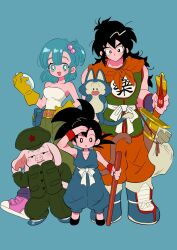 Rule 34 | 1girl, 2boys, animal, aqua eyes, aqua hair, belt, black eyes, black footwear, blue footwear, blush stickers, boots, breasts, bright pupils, bulma, chinese clothes, clothes writing, collarbone, dot nose, dougi, dragon ball, dragon ball (classic), dragon radar, fanny pack, fingernails, full body, gloves, green pants, hair between eyes, hair bobbles, hair ornament, hand in pocket, hand on own ear, hand on weapon, hand up, hat, highres, holding, holding weapon, jacket, katana, kodama (marugoto omikan), leaning to the side, blue background, long hair, looking afar, loose socks, medium breasts, medium hair, messy hair, military, military hat, military jacket, military uniform, multiple boys, muscular, muscular male, neckerchief, one side up, oolong, orange neckerchief, orange pants, pants, parted lips, pink footwear, puar, purple socks, purple wristband, red wristband, ruyi jingu bang, shading eyes, sheath, sheathed, shoes, side-by-side, simple background, sneakers, socks, son goku, spiked hair, straight hair, strapless, sword, tareme, tassel, tube top, uniform, weapon, white pupils, wide-eyed, wristband, yamcha, yellow gloves