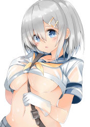 Rule 34 | 10s, 1girl, between breasts, blue eyes, breasts, crop top, crop top overhang, gloves, hair ornament, hair over one eye, hairclip, hamakaze (kancolle), hand on own chest, hidaka0503, highres, kantai collection, large breasts, looking at viewer, open mouth, school uniform, serafuku, short hair, silver hair, solo, underboob, upper body, wet, wet clothes, white gloves
