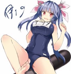 Rule 34 | 10s, 1girl, 501092-taka, :d, bare legs, bare shoulders, barefoot, blue hair, blush, breasts, covered navel, famg, fang, hair ornament, hair ribbon, i-19 (kancolle), kantai collection, large breasts, looking at viewer, name tag, open mouth, red eyes, ribbon, school uniform, simple background, smile, solo, star-shaped pupils, star (symbol), symbol-shaped pupils, torpedo, tri tails, white background