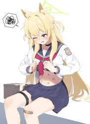 Rule 34 | 1girl, ;o, absurdres, animal ear fluff, animal ears, ao12073010, bandaid, bandaid on knee, bandaid on leg, belt, black choker, black skirt, blonde hair, blue archive, bruise, choker, clothes lift, collarbone, commentary request, first aid kit, fox ears, fox girl, green eyes, hair between eyes, halo, highres, injury, kurumi (blue archive), lifting own clothes, long hair, long sleeves, one eye closed, pain, pleated skirt, school uniform, serafuku, shirt lift, sidelocks, simple background, sitting, skirt, solo, spoken squiggle, squiggle, thigh belt, thigh strap, two side up, white background