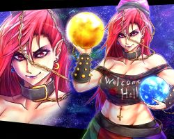Rule 34 | 1girl, abs, chain, clothes writing, collarbone, cross, earth (planet), hecatia lapislazuli, inverted cross, multicolored clothes, multicolored skirt, navel piercing, piercing, planet, pointy ears, red eyes, red hair, ryuuichi (f dragon), skirt, solo, touhou