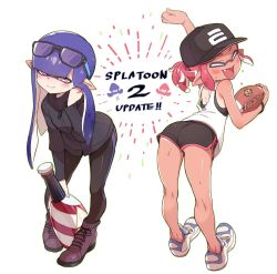 Rule 34 | 2girls, american football, ass, blouse, blunt bangs, blush, closed eyes, copyright name, dolphin shorts, full body, hat, inkling, inkling girl, inkling player character, long hair, looking at viewer, multiple girls, nintendo, open mouth, pointy ears, purple hair, shirt, short shorts, shorts, simple background, sleeveless, sleeveless shirt, smile, splatoon (series), splatoon 2, tan, tanline, ter (otokoter), white background