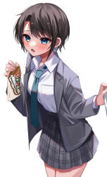 Rule 34 | 1girl, alternate costume, blue eyes, blue necktie, blush, brown hair, collared shirt, commentary request, cowboy shot, food, grey jacket, grey skirt, highres, holding, holding food, hololive, jacket, long sleeves, looking away, moonbell, necktie, oozora subaru, open clothes, open jacket, open mouth, plaid, plaid skirt, shirt, short hair, simple background, skirt, solo, standing, virtual youtuber, white background, white shirt