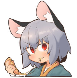 Rule 34 | 1girl, :t, animal ear fluff, animal ears, blush, capelet, cheese, cheese trail, closed mouth, commentary request, eating, food, green capelet, greenpiecerice, grey hair, hair between eyes, highres, holding, holding food, long bangs, looking at viewer, mouse ears, mouse girl, naan bread, nazrin, portrait, red eyes, shirt, short hair, simple background, smile, solo, touhou, v-shaped eyebrows, white background, white shirt