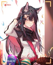 Rule 34 | 1girl, absurdres, animal ear fluff, animal ears, arknights, birthday, birthday cake, black gloves, black hair, cake, chinese commentary, commentary request, confetti, cowboy shot, crossed bangs, ear piercing, fingerless gloves, food, gloves, hand up, highres, id card, jacket, light blush, long hair, looking up, multiple others, open mouth, out of frame, party popper, piercing, purple eyes, recording, sidelocks, solo focus, standing, sweatdrop, texas (arknights), tobunchudoku, viewfinder, white jacket, wolf ears