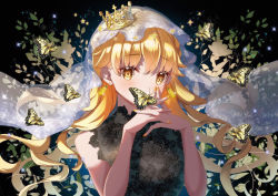 Rule 34 | 1girl, bare arms, bare shoulders, blonde hair, blush, bug, butterfly, crown, dark background, dress, earrings, floral background, insect, jewelry, ktm, long hair, nail polish, original, see-through, sleeveless, sleeveless dress, solo, upper body, veil, wavy hair, yellow eyes, yellow nails