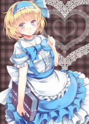 Rule 34 | 1girl, alice margatroid, alice margatroid (pc-98), apron, blonde hair, blue eyes, blue skirt, blush, book, choker, frilled apron, frilled hairband, frills, grey background, hairband, hand up, head tilt, highres, holding, holding book, kanzakietc, looking at viewer, plaid, plaid background, shirt, short hair, short sleeves, skirt, smile, solo, suspender skirt, suspenders, touhou, touhou (pc-98), waist apron, white shirt