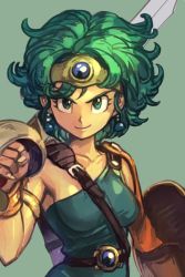 Rule 34 | 1girl, belt, breasts, closed mouth, dragon quest, dragon quest iv, dress, earrings, fingernails, green background, green dress, green eyes, green hair, heroine (dq4), holding, holding sword, holding weapon, hungry clicker, jewelry, looking at viewer, medium breasts, over shoulder, scimitar, serious, shield, short hair, simple background, smile, solo, square enix, sword, tiara, upper body, weapon, weapon over shoulder