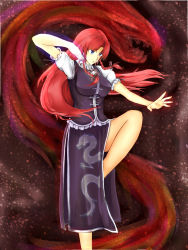 Rule 34 | 1girl, alternate color, alternate costume, blue eyes, bow, braid, chinese clothes, chiyou, dragon, fighting stance, highres, hong meiling, long hair, red hair, solo, touhou, twin braids, yin yang