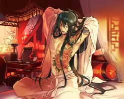Rule 34 | 1boy, arms behind head, bad id, bad twitter id, bare pectorals, bishounen, black hair, candle, fate/grand order, fate (series), jar, long hair, male focus, messy hair, one eye closed, pectorals, pillow, solo, stretching, tattoo, under covers, very long hair, waking up, yan qing (fate)