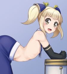 Rule 34 | 1girl, alfort (may0508), arched back, bent over, black gloves, blonde hair, blue background, blush, breasts, chinese clothes, dudou, flat chest, from side, gloves, green eyes, hair ribbon, hairpods, halterneck, highres, looking at viewer, midriff, mika returna, no bra, open mouth, pants, ribbon, short twintails, smile, solo, twintails, under night in-birth