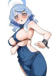 Rule 34 | 1girl, ako (blue archive), ako (dress) (blue archive), armpits, blue archive, blue dress, blue eyes, blue hair, blue halo, blush, breasts, chain, cuffs, dress, hair between eyes, halo, handcuffs, highres, large breasts, long hair, looking at viewer, mm (mm chair), open mouth, sideboob, simple background, sleeveless, sleeveless dress, solo, white background