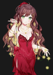 Rule 34 | :o, black background, blonde hair, blush, breasts, brown hair, cleavage, collarbone, colored inner hair, dress, fortissimo, glowing, green eyes, hair behind ear, hair ornament, hemmmlock, highres, jewelry, lights, long hair, medium breasts, miori celesta, multicolored hair, musical note, musical note hair ornament, necklace, red dress, solo, star (symbol), star necklace, treble clef, tsunderia, virtual youtuber