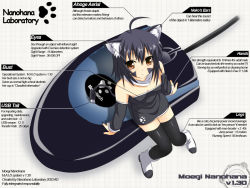 Rule 34 | 1girl, ahoge, animal ears, arm support, bare shoulders, black thighhighs, breasts, cat ears, english text, engrish text, from above, looking at viewer, mouse (computer), nugi (armenci), original, paw print, personification, ranguage, sitting, small breasts, solo, tail, text focus, thighhighs, usb