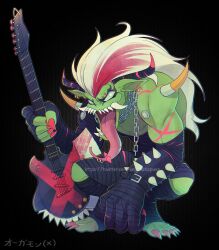 Rule 34 | 1boy, belt, digimon, digimon (creature), electric guitar, guitar, highres, instrument, male focus, open mouth, orgemon, orgemon x-antibody, solo, tongue, tongue out