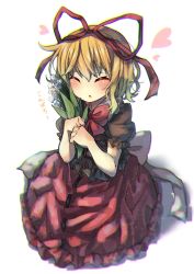 Rule 34 | 1girl, ^ ^, ^o^, absurdres, blonde hair, blush, bow, bubble skirt, clip studio paint, closed eyes, cross-laced clothes, doll, dress, closed eyes, flower, frilled dress, frilled shirt collar, frills, hair ribbon, heart, highres, holding, holding flower, lily of the valley, medicine melancholy, phantasmagoria of flower view, puffy short sleeves, puffy sleeves, red bow, red neckwear, red ribbon, red skirt, ribbon, seika okawari, short hair, short sleeves, skirt, touhou, white bow, white flower