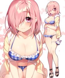 Rule 34 | 1girl, adapted costume, bikini, blush, breasts, character doll, cleavage, clenched hand, fate (series), fou (fate), frilled bikini, frills, glasses, hair over one eye, hand on own arm, has bad revision, ichinose yukino, jacket, kneeling, looking at viewer, mash kyrielight, mash kyrielight (senpai killer outfit), md5 mismatch, midriff, multiple views, navel, no eyewear, official alternate costume, pink eyes, pink hair, plaid, plaid bikini, purple eyes, resolution mismatch, sandals, semi-rimless eyewear, short hair, smile, source smaller, swimsuit, thigh strap, under-rim eyewear
