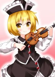Rule 34 | 1girl, black hat, black skirt, black vest, blonde hair, bow, bow (music), buttons, closed mouth, cowboy shot, frilled hat, frilled skirt, frills, gradient background, hat, highres, holding, holding bow (ornament), holding instrument, holding violin, instrument, long sleeves, looking at viewer, lunasa prismriver, music, pink background, playing instrument, ruu (tksymkw), short hair, skirt, skirt set, smile, solo, standing, touhou, vest, violin, yellow eyes