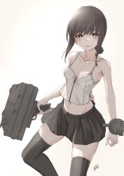 Rule 34 | 1girl, alternate costume, bare shoulders, black hair, black skirt, black thighhighs, breasts, cleavage, collarbone, commentary request, feet out of frame, fubuki (kancolle), green eyes, highres, holding, holding turret, kantai collection, looking at viewer, low ponytail, making-of available, midriff, navel, neve (morris-minicooper), paid reward available, partial commentary, pleated skirt, ponytail, short ponytail, sidelocks, signature, skirt, small breasts, smile, solo, tank top, thighhighs, turret, white tank top