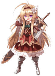 Rule 34 | 1girl, antenna hair, armor, armored boots, black gloves, blush, boots, dress, fang, gloves, hairband, hand in own hair, highres, long hair, long sword, mahcdai, open mouth, original, purple eyes, red dress, simple background, solo, white background