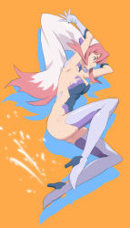 Rule 34 | 00s, 1girl, armpits, bare back, birdy cephon altera, collarbone, dyed bangs, from side, leotard, long hair, maruto!, multicolored hair, orange background, red hair, simple background, solo, tetsuwan birdy, tetsuwan birdy decode, thighhighs, two-tone hair, very long hair, white hair, white thighhighs